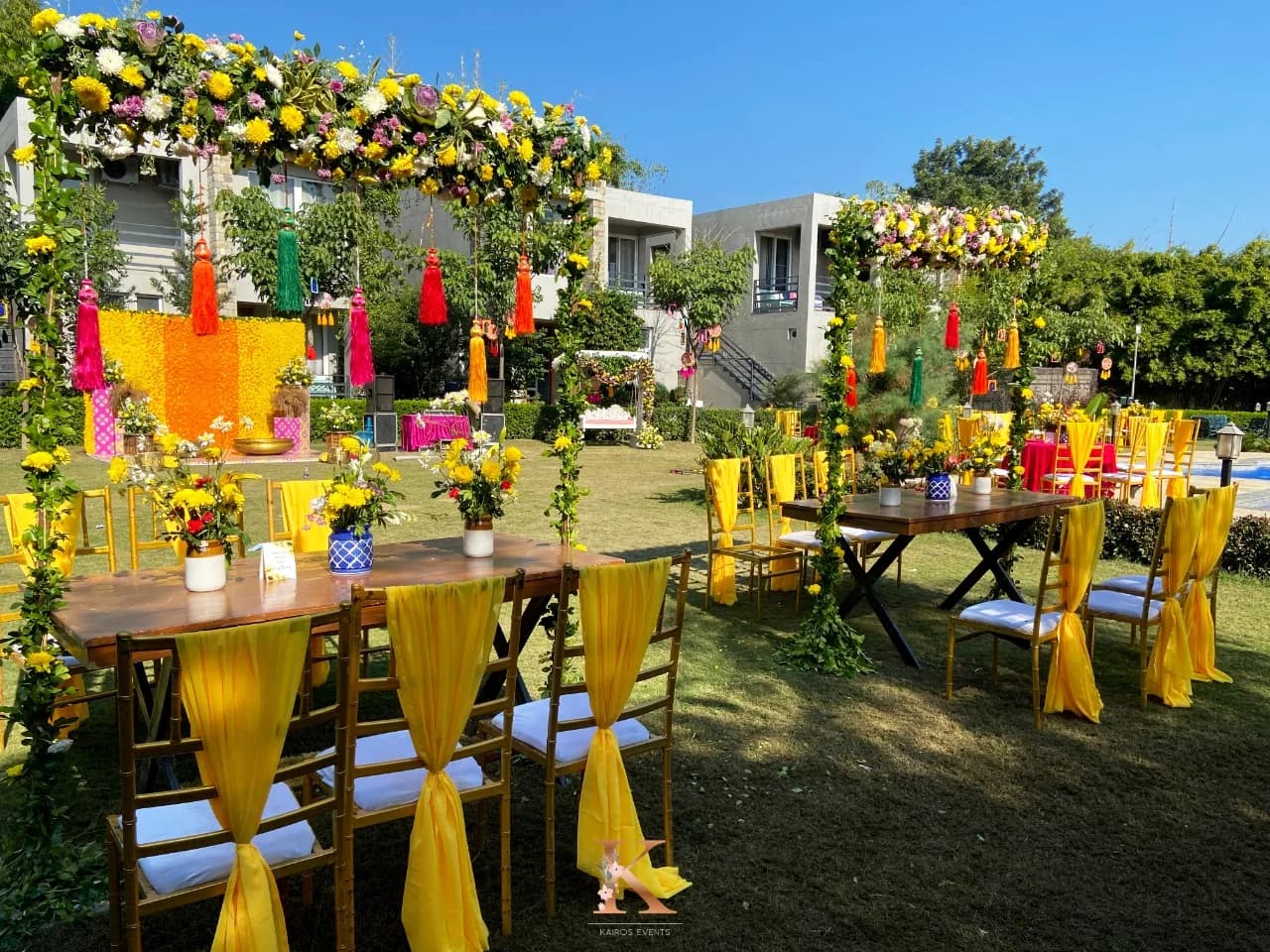 Bright Outdoor Wedding Mehendi/Haldi Decor and Venue Setup